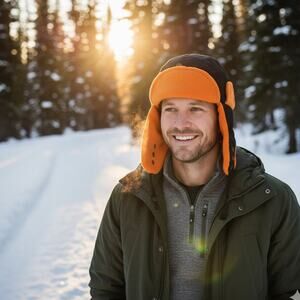 Discovery Expedition Orange Beanie Hat XL Ear Flap Winter Performance Fleece Cap